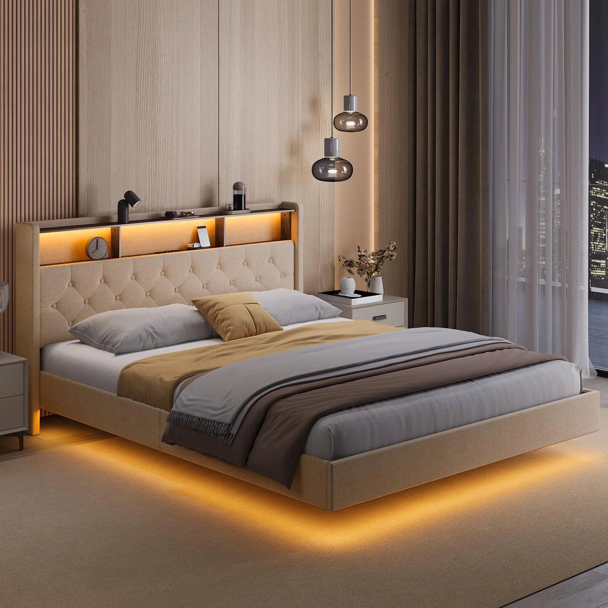 Xbro Łóżko tapicerowane 160 x 200 cm z oświetleniem LED i stacją ładującą (USB/gniazdko), pływający wygląd, tapicerowany zagłówek ze schowkiem, stelaż listewkowy, beżowe (bez materaca)