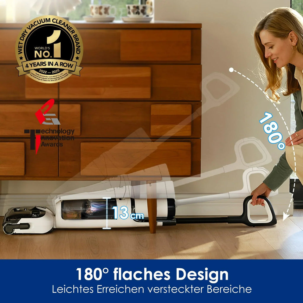 Aspiradora en seco y húmedo Floor One Stretch S6, diseño plano de 180°, altura de 13 cm al tumbarse, 40 min de autonomía, 21,6 V, autolimpieza a 85 °C, filtro HEPA