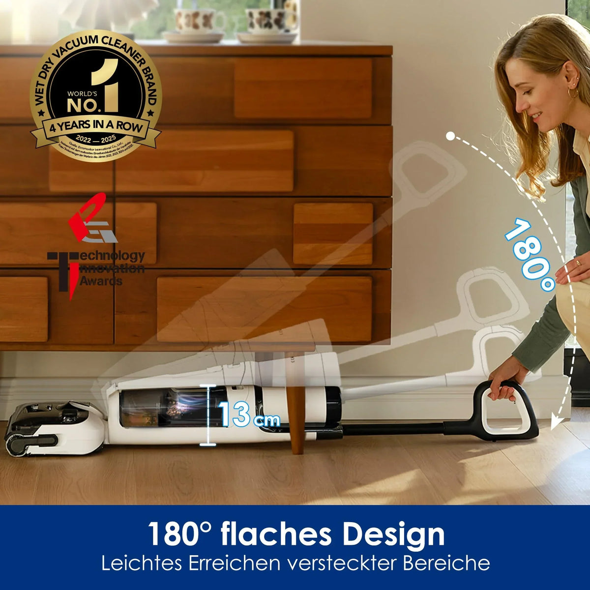 Aspiradora en seco y húmedo Floor One Stretch S6, diseño plano de 180°, altura de 13 cm al tumbarse, 40 min de autonomía, 21,6 V, autolimpieza a 85 °C, filtro HEPA