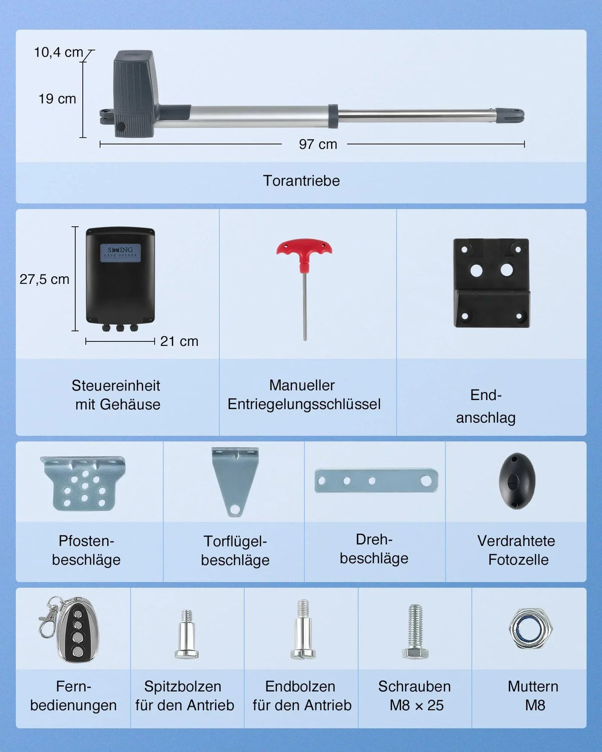 Kit de motor para puerta batiente doble automática CO-Z, máx. 2,5 m o 300 kg por hoja con 2 mandos a distancia, 80 W x 2
