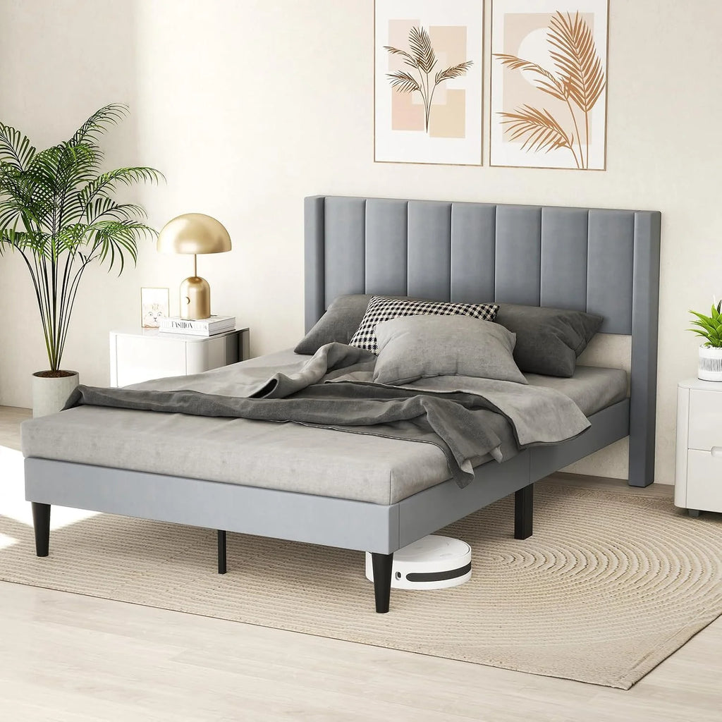 COSTWAY Rama łóżka na materac 200 x 140 cm, tapicerowany stelaż łóżka dwuosobowego, łóżko z podnóżkiem z zagłówkiem, drewniana podpora, regulowane podkładki pod stopy, kolor szary (Model I,L)