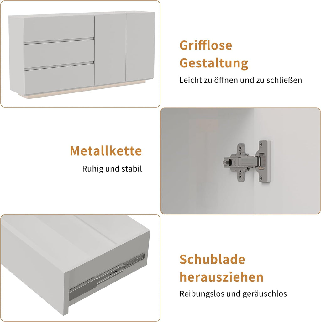 Cómoda blanca de alto brillo con iluminación LED, aparador blanco de alto brillo de 160 cm con 2 puertas y 3 cajones, alacena de cocina, mueble buffet moderno para dormitorio, comedor, oficinas y recibidor