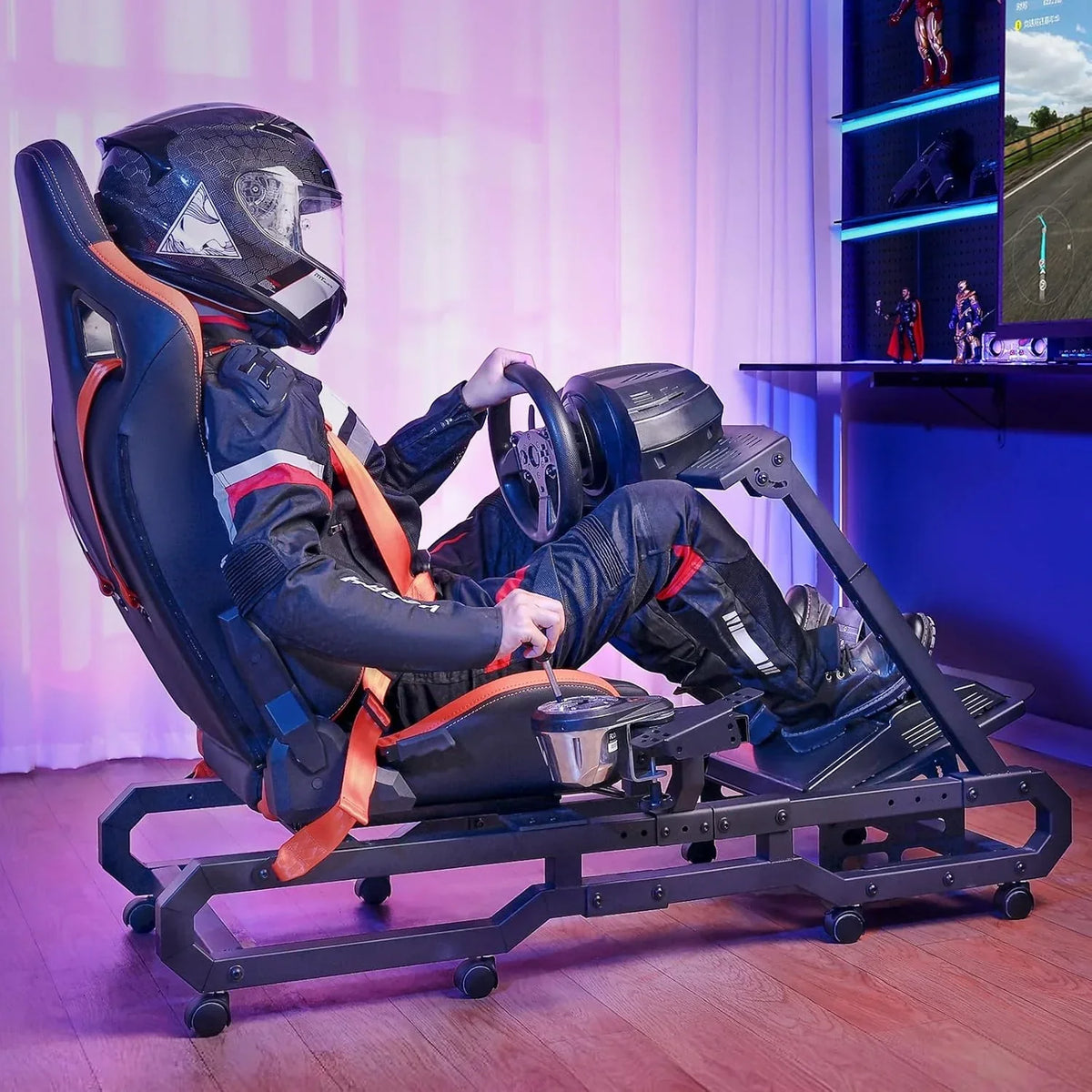 VEVOR Racing Wheel Stand with Wheels for Logitech G923/G920/G29, Heavy-Duty Steel Driving Simulator Cockpit, Thrustmaster T248P, Adjustable Wheel and Pedal Mount