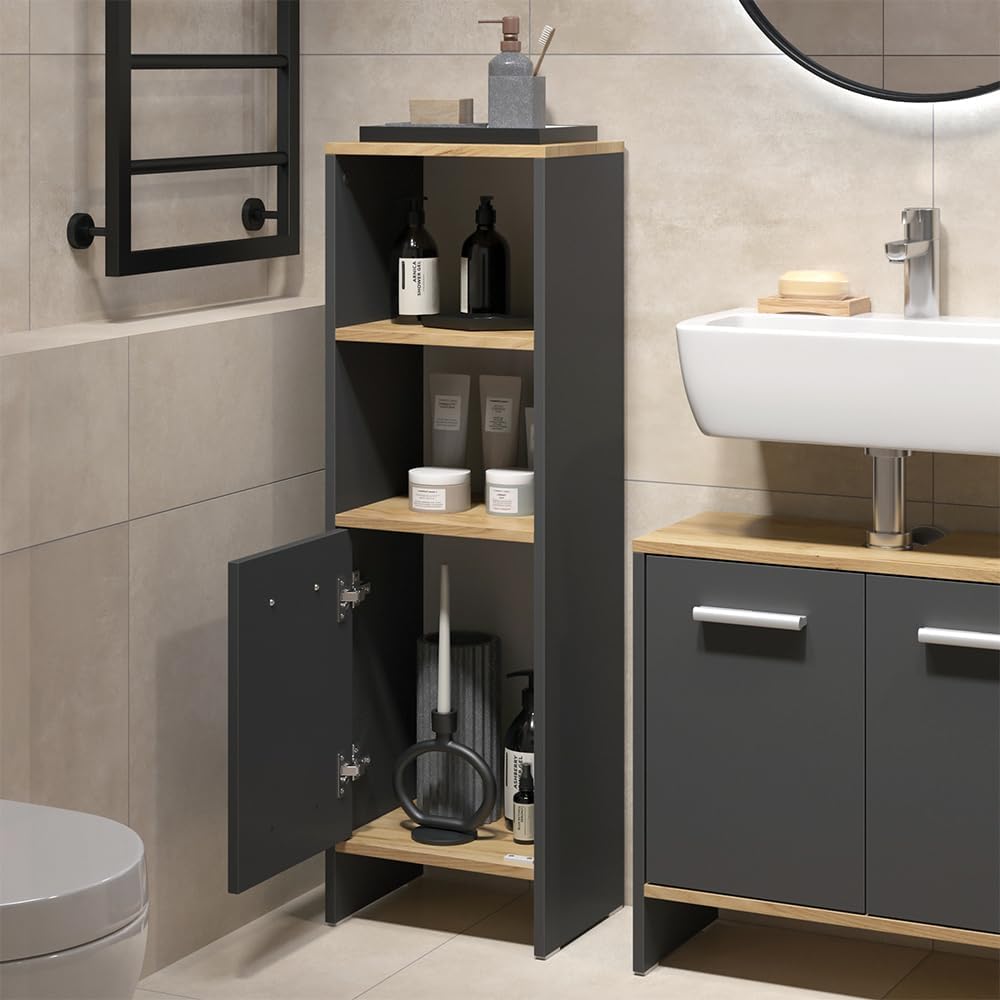 Set de muebles de baño Vicco Karli, antracita/roble dorado, 131.4 cm, compuesto por mueble bajo lavabo, armario con espejo y armario columna