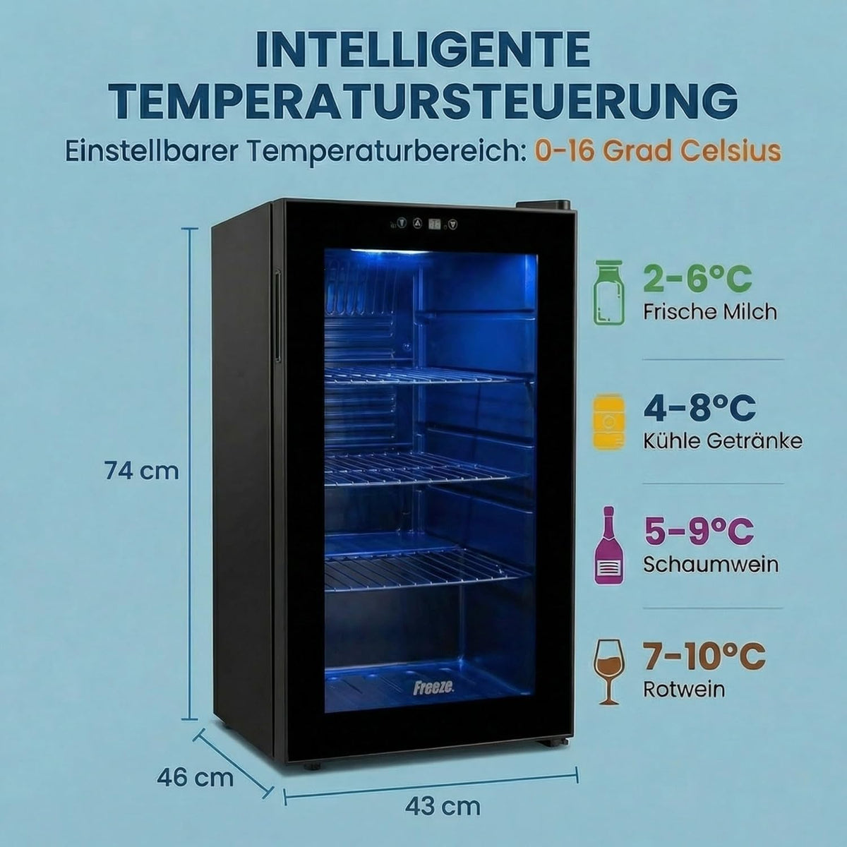 FREEZE. Mininevera de 70 L para 126 latas, refrigerador con puerta de cristal, enfriador de vino, frigorífico pequeño con estantes ajustables para el hogar/bar/oficina, sin escarcha, negro