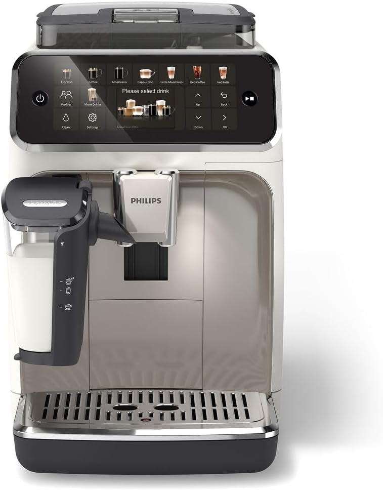 Cafetera superautomática Philips Serie 5500 – 20 bebidas, moderna pantalla táctil a color, sistema de leche LatteGo, tecnología SilentBrew, molinillo 100% cerámica, QuickStart, depósito de agua de 1,8 l, cromo blanco (EP5543/90)