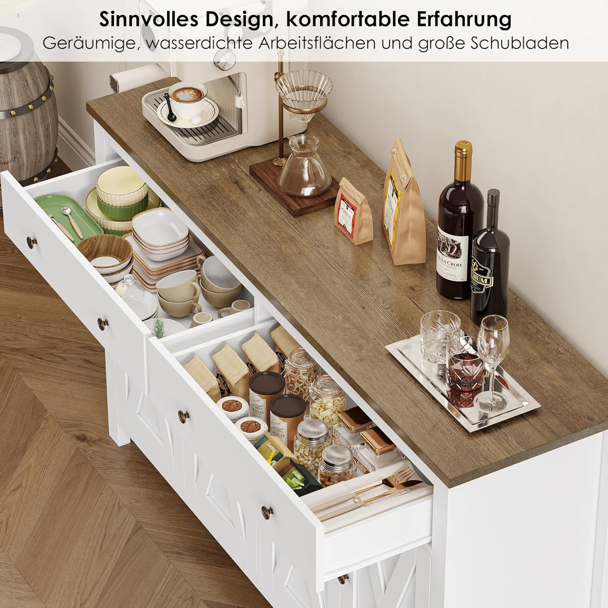 Aparador FirFurd de 140 cm de ancho, armario de cocina con encimera, alacena con 2 cajones y 4 puertas, mueble buffet de cocina con estante ajustable, aparador para cocina, salón y comedor, blanco, 140x89x40 cm