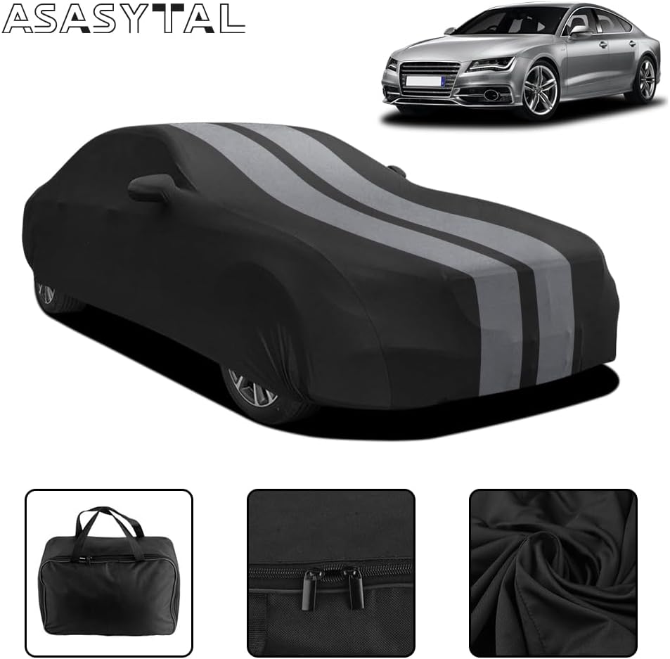 Asasytal Funda de coche para interiores, para sedán/berlina, funda protectora transpirable de terciopelo elástico, para garaje/exposición de coches, 4,9~5,25 m, gris a rayas + negro