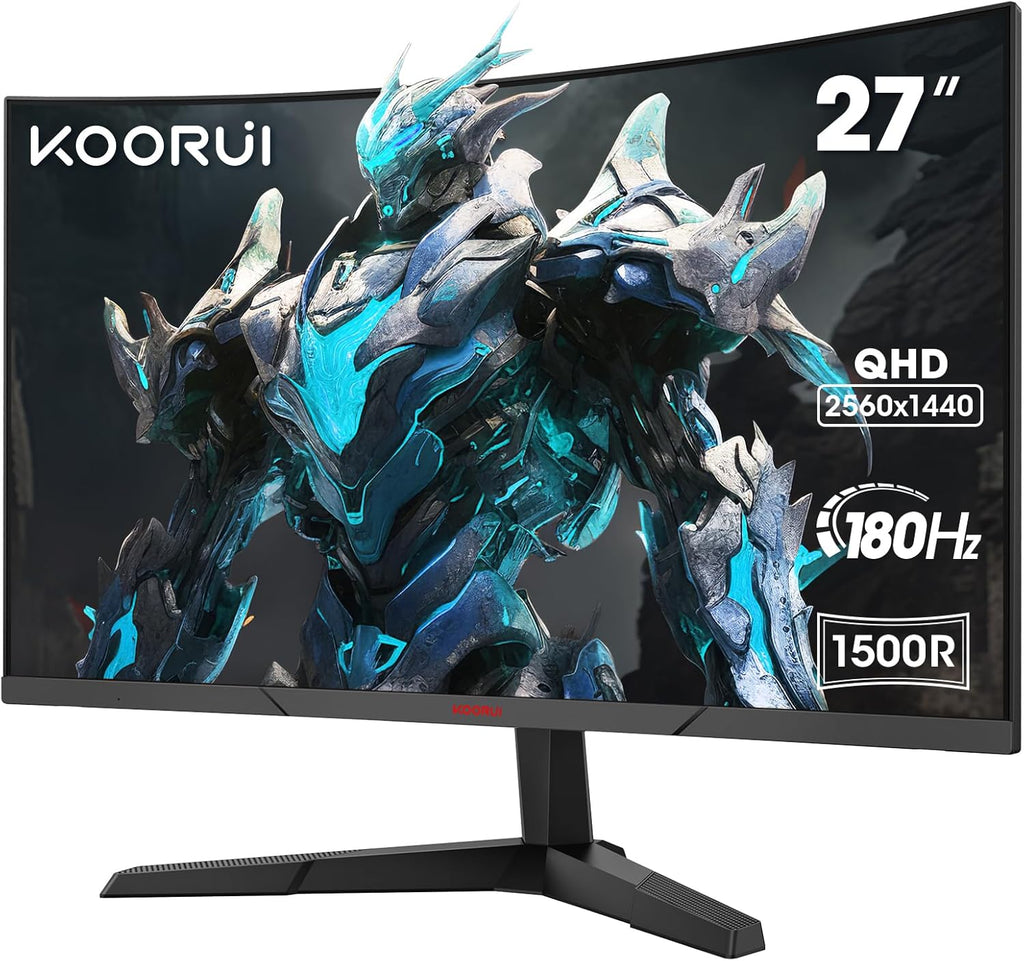 Monitor Gaming Curvo KOORUI de 27'', 1500R, Panel VA, Resolución QHD (2560x1440), 180Hz, 1ms, DCI-P3 85%, Bisel ultradelgado, Inclinación ajustable, Compatible con HDMI/DP
