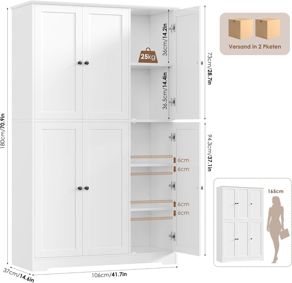 Armario de cocina FirFurd, armario multiusos de 180 cm, armario despensero, aparador con 6 puertas y estantes ajustables, armario multiusos para cocina, salón y recibidor, 180x106x37 cm, blanco
