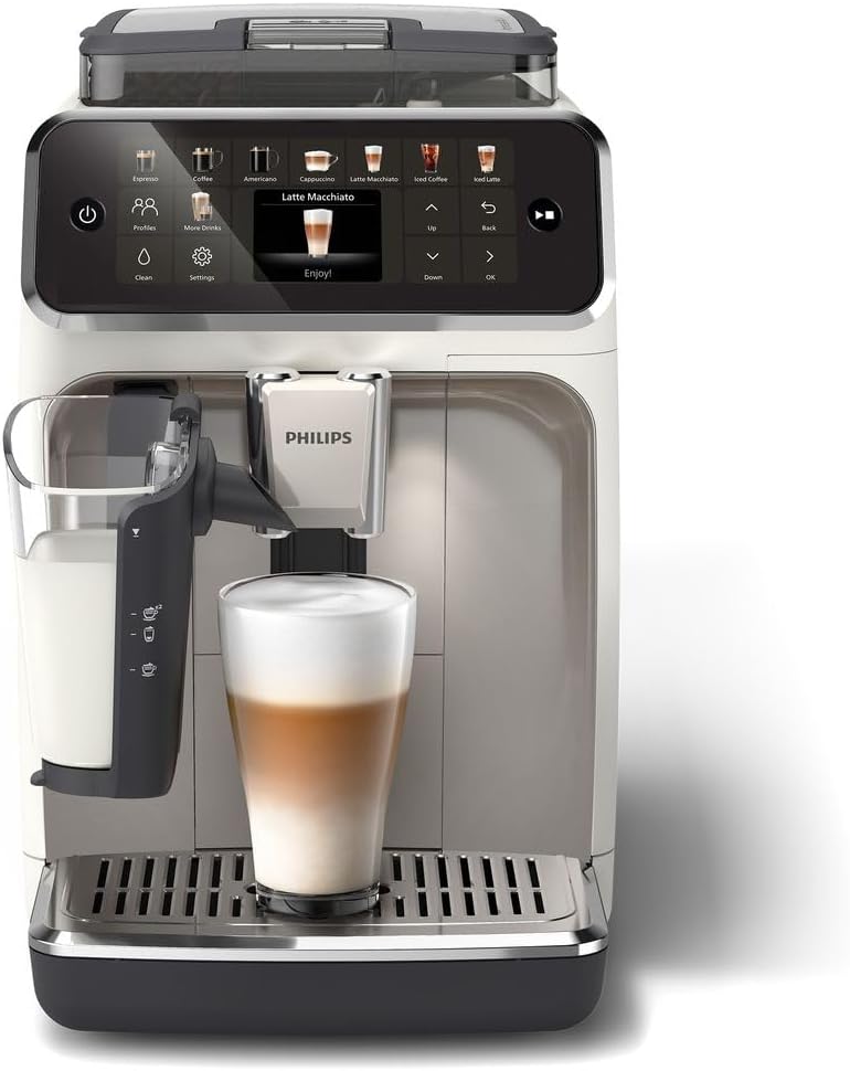 Cafetera superautomática Philips Serie 5500 – 20 bebidas, moderna pantalla táctil a color, sistema de leche LatteGo, tecnología SilentBrew, molinillo 100% cerámica, QuickStart, depósito de agua de 1,8 l, cromo blanco (EP5543/90)