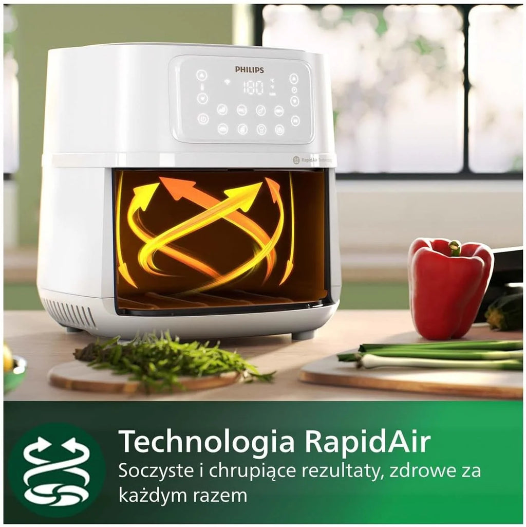 Philips Frytkownica beztłuszczowa Ovi XXL z serii 5000, 7,2 l (1,4 kg) - 6 porcji, 16 w 1, połączenie Wi-Fi, 90% mniej tłuszczu dzięki technologii Rapid Air, aplikacja HomeID. Biała (HD9285/00)