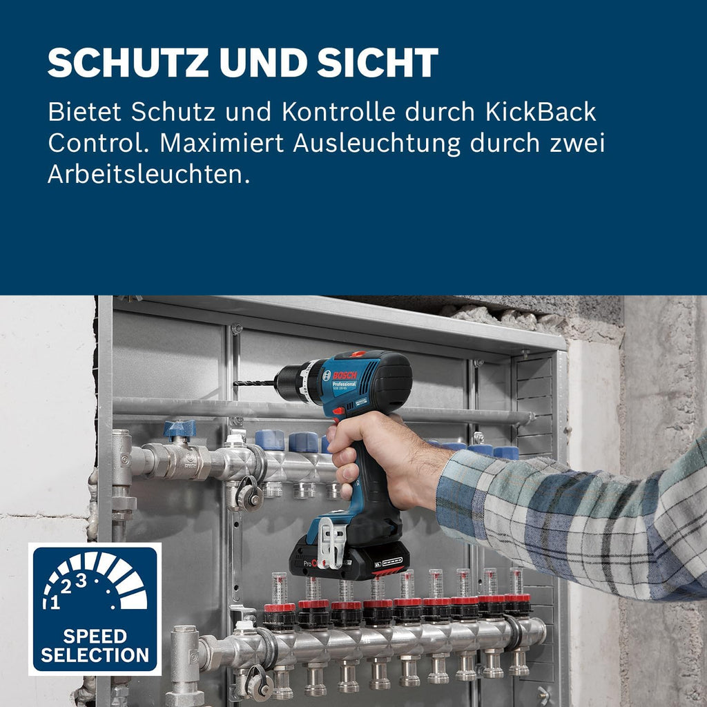 Taladro atornillador de percusión a batería Bosch Professional 18V System GSB 18V-65 (motor sin escobillas, longitud de cabezal 175, incl. 2 baterías GBA 18V 5.0Ah, cargador GAL 18V-40, L-BOXX)