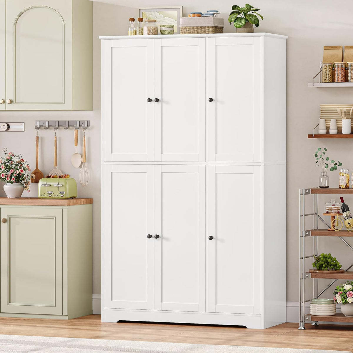 Armario de cocina FirFurd, armario multiusos de 180 cm, armario despensero, aparador con 6 puertas y estantes ajustables, armario multiusos para cocina, salón y recibidor, 180x106x37 cm, blanco