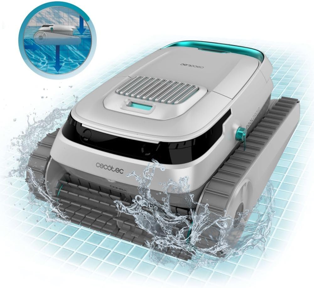 Robot limpiafondos Cecotec para suelos, paredes y línea de flotación Conga Pooldroid 5000 TotalClean Pearl. Superficies 100m2, pendiente máx. 90º, limpieza ordenada, autonomía 100min, capacidad 4L