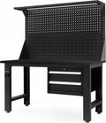 Jan Nowak Stół Warsztatowy Narzędziowy Metalowy z Tablicą Perforowaną na Narzędzia LOGAN | Solidny Blat 2 Szuflady Regulowane Nogi Stelaż na Lampę | 170 cm x 150 cm x 75 cm (Czarno-Czarny)