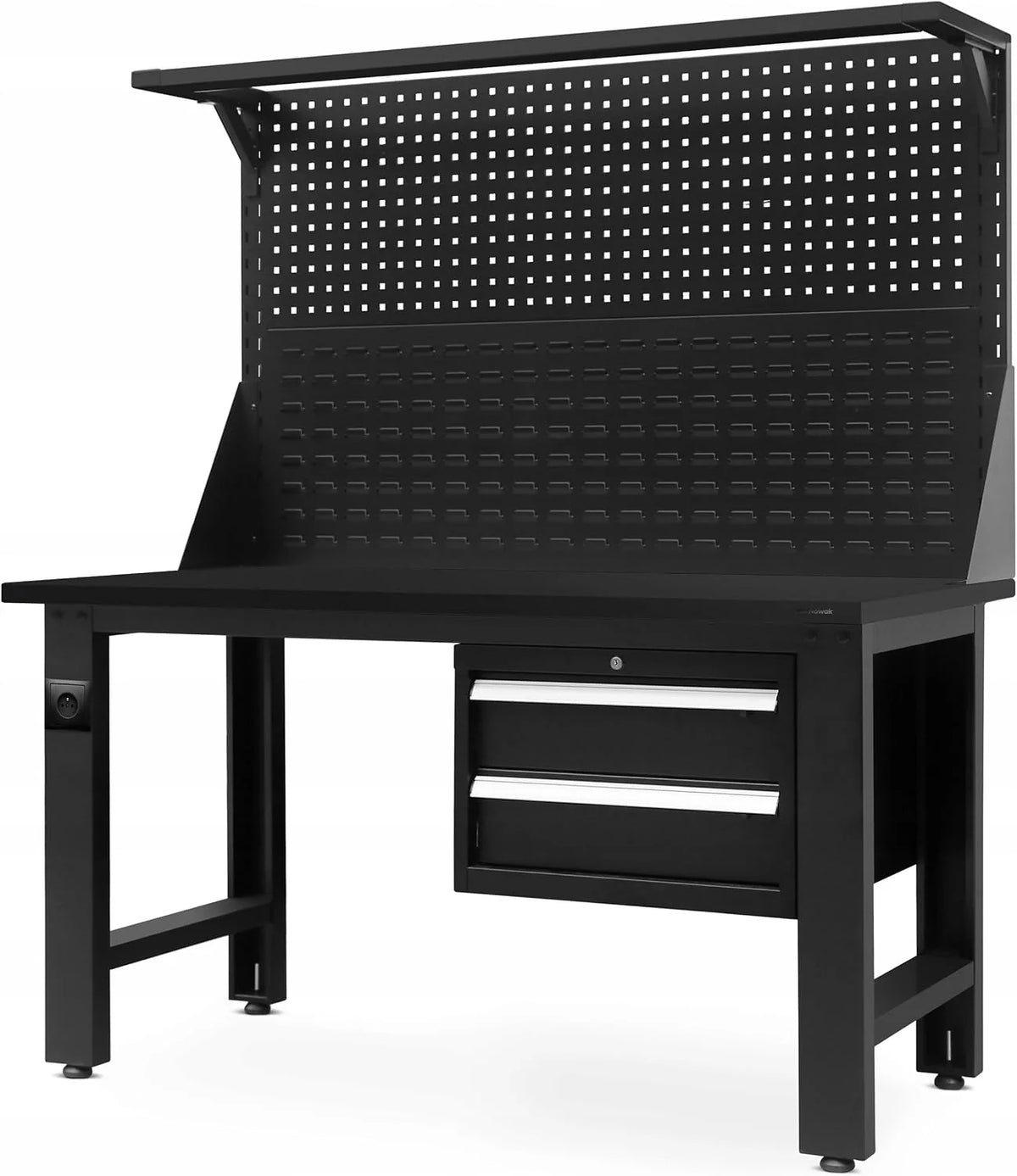 Jan Nowak Stół Warsztatowy Narzędziowy Metalowy z Tablicą Perforowaną na Narzędzia LOGAN | Solidny Blat 2 Szuflady Regulowane Nogi Stelaż na Lampę | 170 cm x 150 cm x 75 cm (Czarno-Czarny)