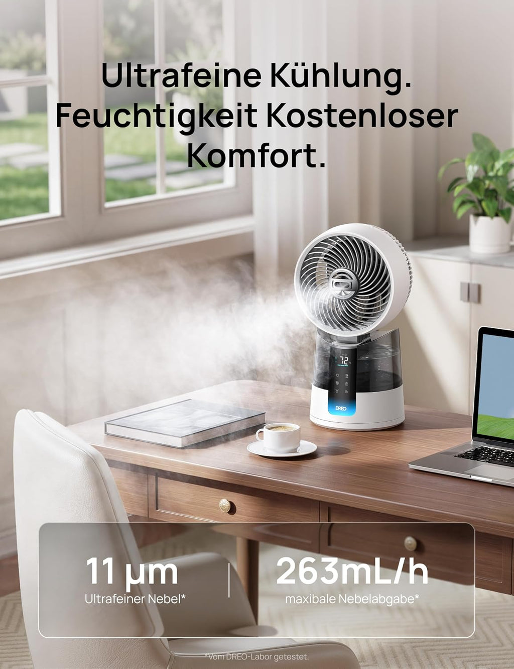 Ventilador nebulizador DREO TurboCool 516S, ventilador de mesa con oscilación de 150°+30°, enfriador evaporativo, 7.9 m/s, niebla ultrafina, 20 dB silencioso, 6 velocidades, 2 modos, control por app y mando a distancia, RGB, blanco