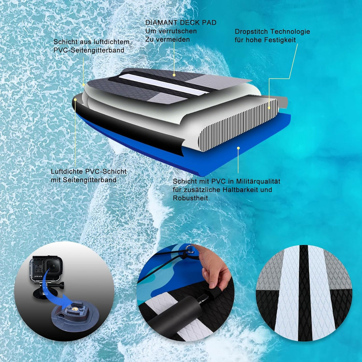 Tabla de paddle surf inflable con asiento de kayak, 330 x 76 x 15 cm, hasta 150 kg, almohadilla integrada, aleta desmontable, remo doble ajustable, kit de reparación, camuflaje azul