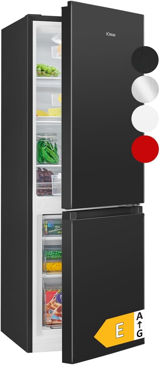 Bomann, KG320, Refrigerador y congelador 175L, Control de temperatura continuo, Bisagras de puerta a la derecha, intercambiables, Patas ajustables, Negro