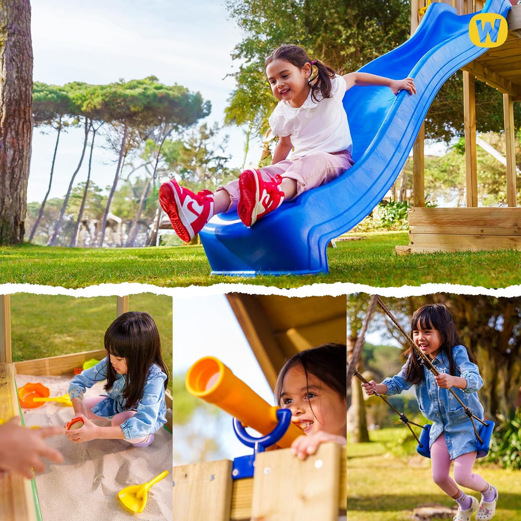 Torre de juegos WICKEY MultiFlyer con tejado de madera, columpio y tobogán verde pastel, torre de escalada para niños al aire libre con arenero, escalera y accesorios de juego para el jardín