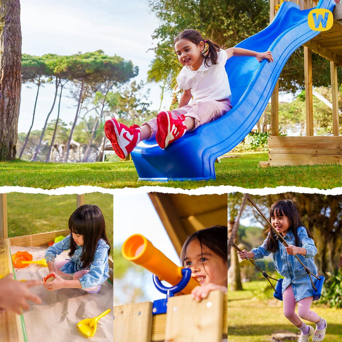 Torre de juegos WICKEY MultiFlyer con tejado de madera, columpio y tobogán verde pastel, torre de escalada para niños al aire libre con arenero, escalera y accesorios de juego para el jardín