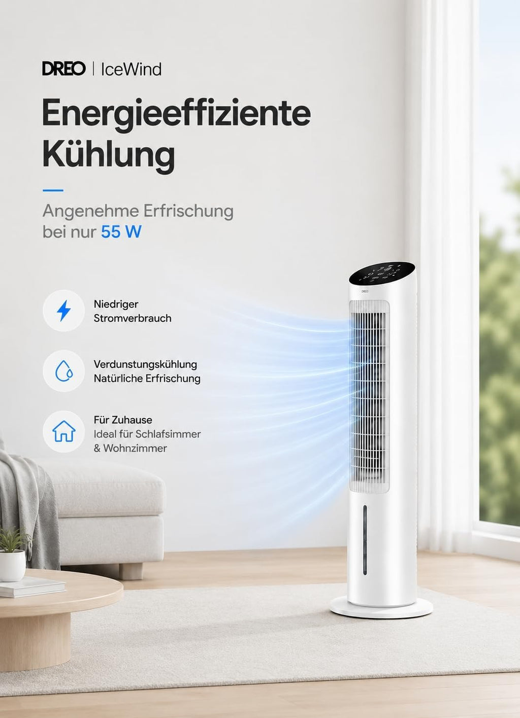 Ventilador de torre DREO con refrigeración silenciosa, ventilador con refrigeración por agua, enfriador de aire de 102 cm, enfriador evaporativo con función de oscilación de 80°, 3 modos, 4 velocidades, control remoto, blanco