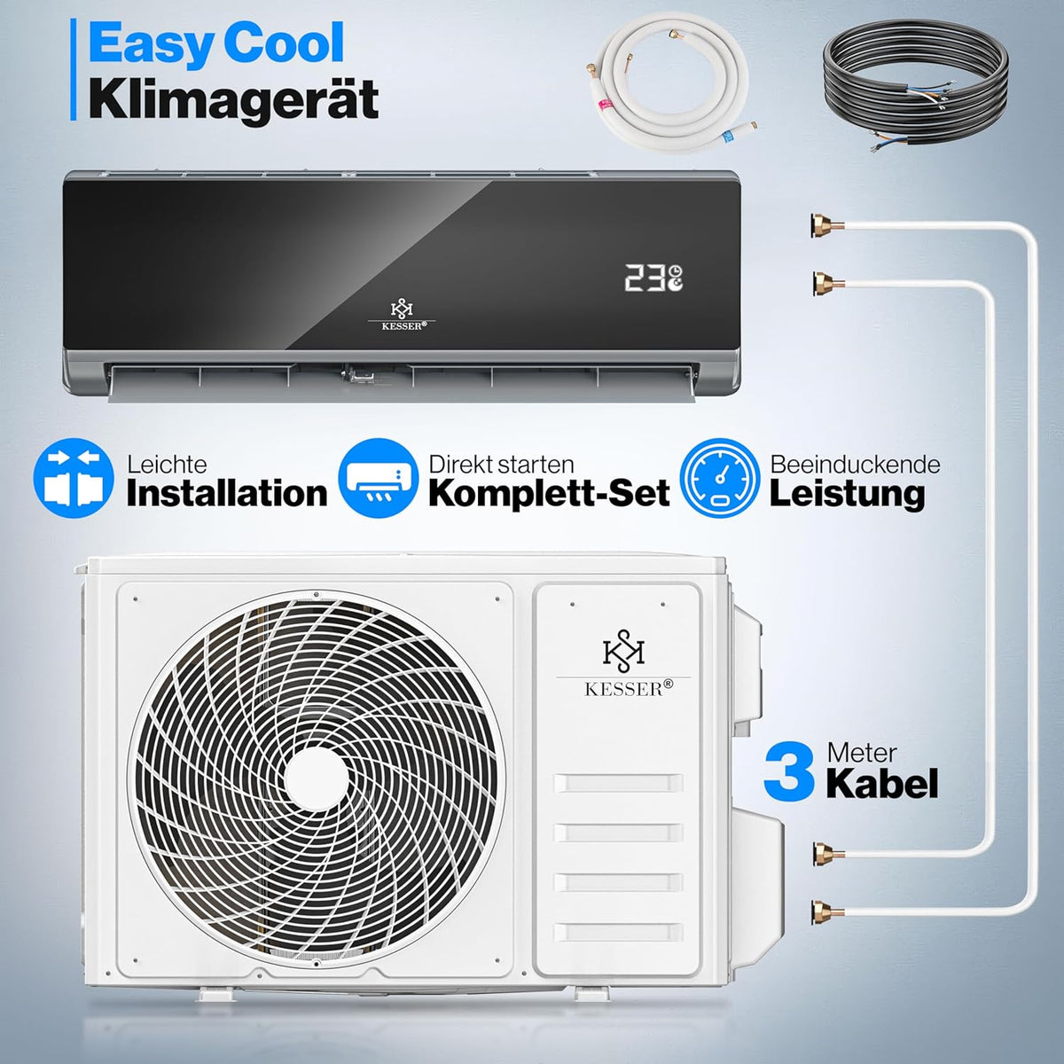 KESSER® Set de aire acondicionado Split - con función WiFi/App - Refrigeración A++/ Calefacción A+ - 9000 BTU/h (2600 vatios) Refrigerante R32 - Mando a distancia, función de temporizador - Incluye material de montaje completo