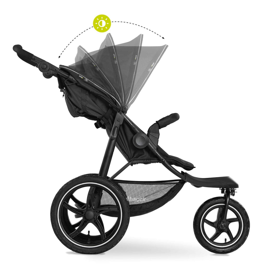 Cochecito hauck Runner 2, silla de paseo de tres ruedas con ruedas neumáticas XL para niños de hasta 22 kg, protección UV 50+, ventana de ventilación, altura ajustable, plegable, cesta XL de hasta 3 kg, función de reclinado (negro)