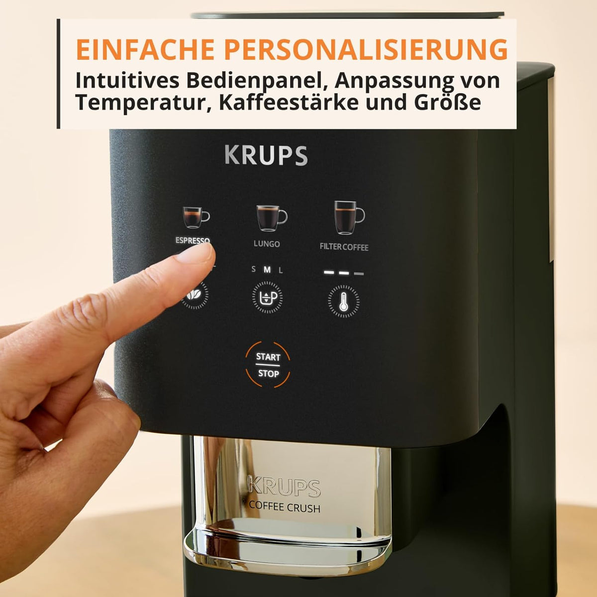 Cafetera superautomática Krups Coffee Crush Extra, molinillo de acero inoxidable para café recién molido, solo 15 cm de ancho, panel de control inteligente, también para café premolido, fácil limpieza, negro, SA4028E0