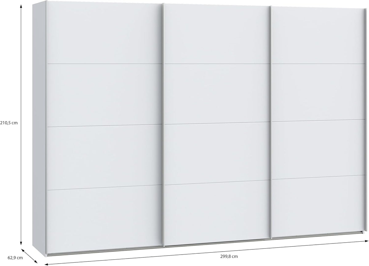 Armario corredero Forte SOPHISTISPACE 300 de 3 puertas con estantes y barra para colgar ropa, blanco, 299,8 cm de ancho, 210,5 cm de alto, 62,9 cm de profundidad