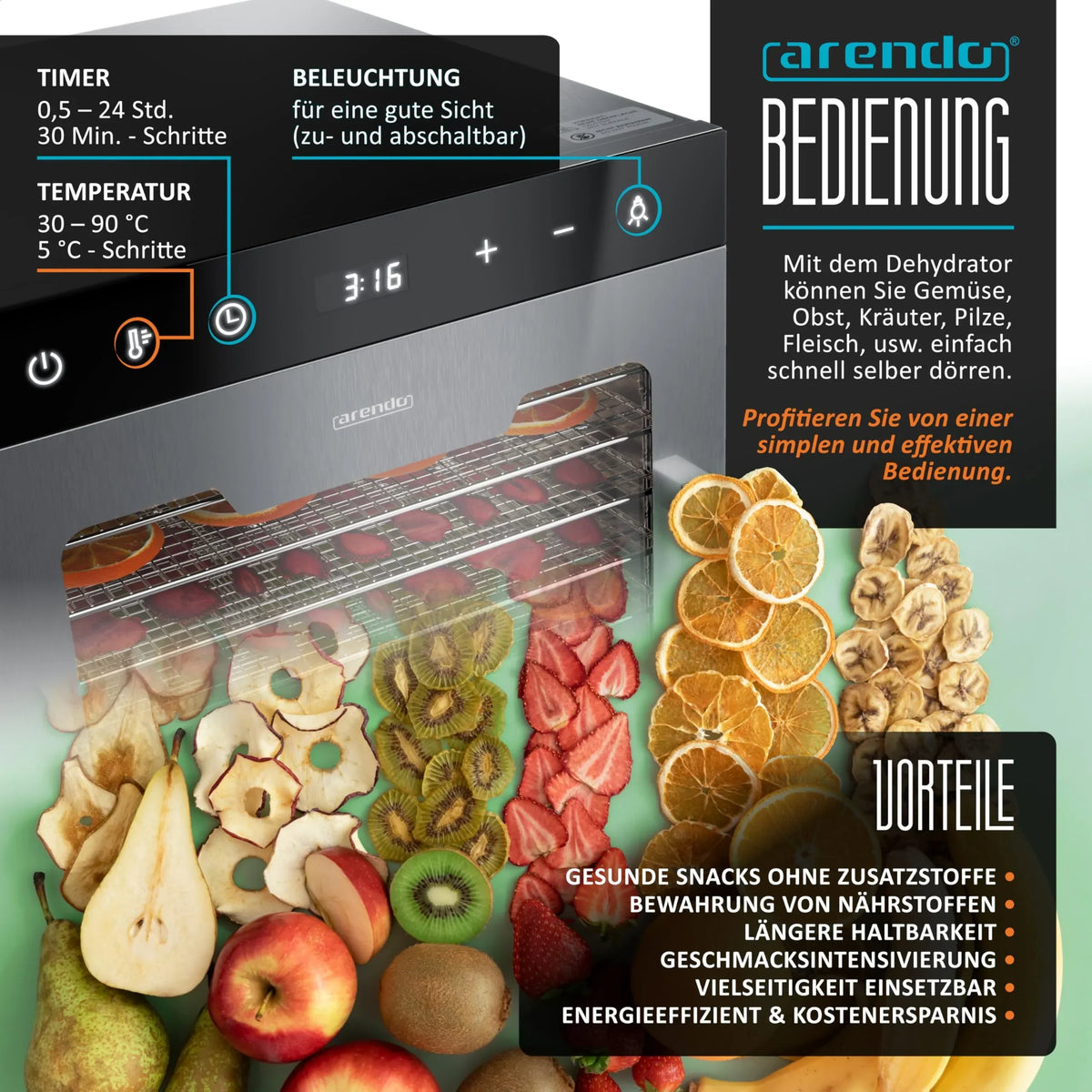 Deshidratador de alimentos de acero inoxidable Arendo, 10 rejillas de acero inoxidable, 800 W, 35-85 °C, 8400 cm², para fruta, carne, setas y mucho más.