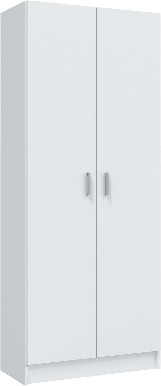 Armario multiusos Habitdesign, modelo escobero de 2 puertas y 3 estantes, 180 x 73 x 37 cm (alto x ancho x fondo), blanco mate