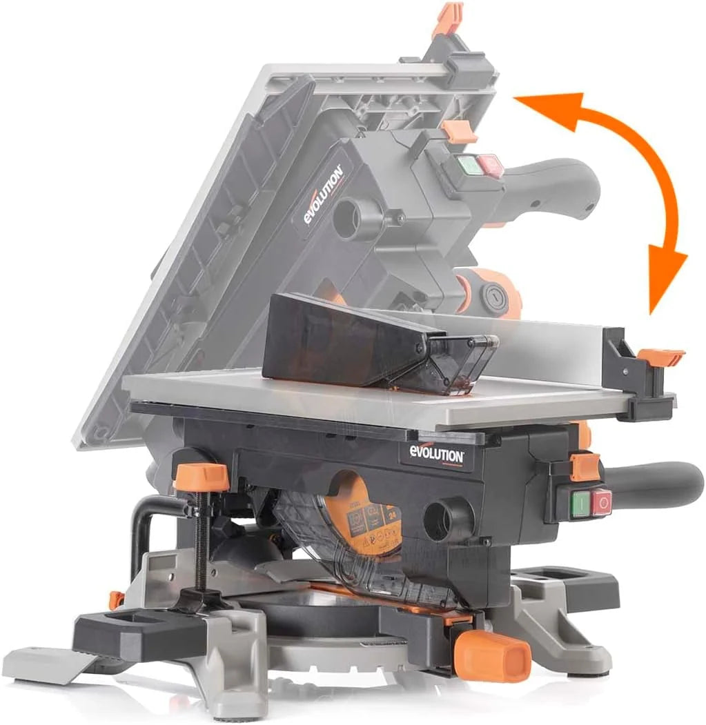 Evolution Power Tools R210MTS-G2 Zmienna piła ukośna/stołowa, kompaktowa, wielofunkcyjne cięcie różnych materiałów, ostrze TCT w zestawie do cięcia drewna, plastiku i metalu, 210mm