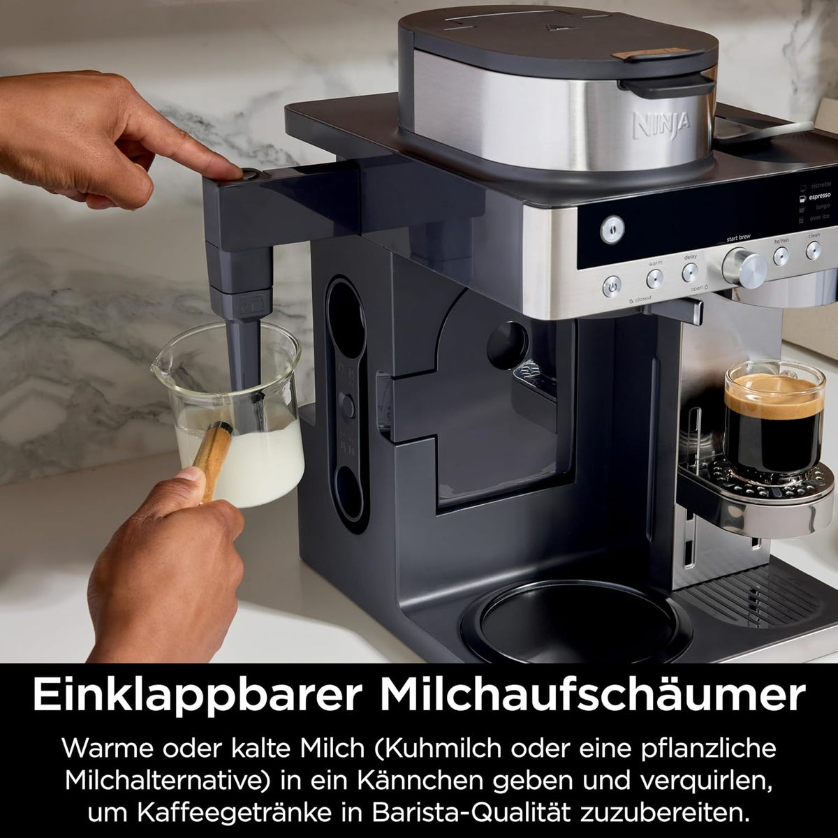 Cafetera de goteo y cápsulas Ninja Prestige 2 en 1 con espumador de leche integrado, para latte, café helado y flat white, negro CFN802EU
