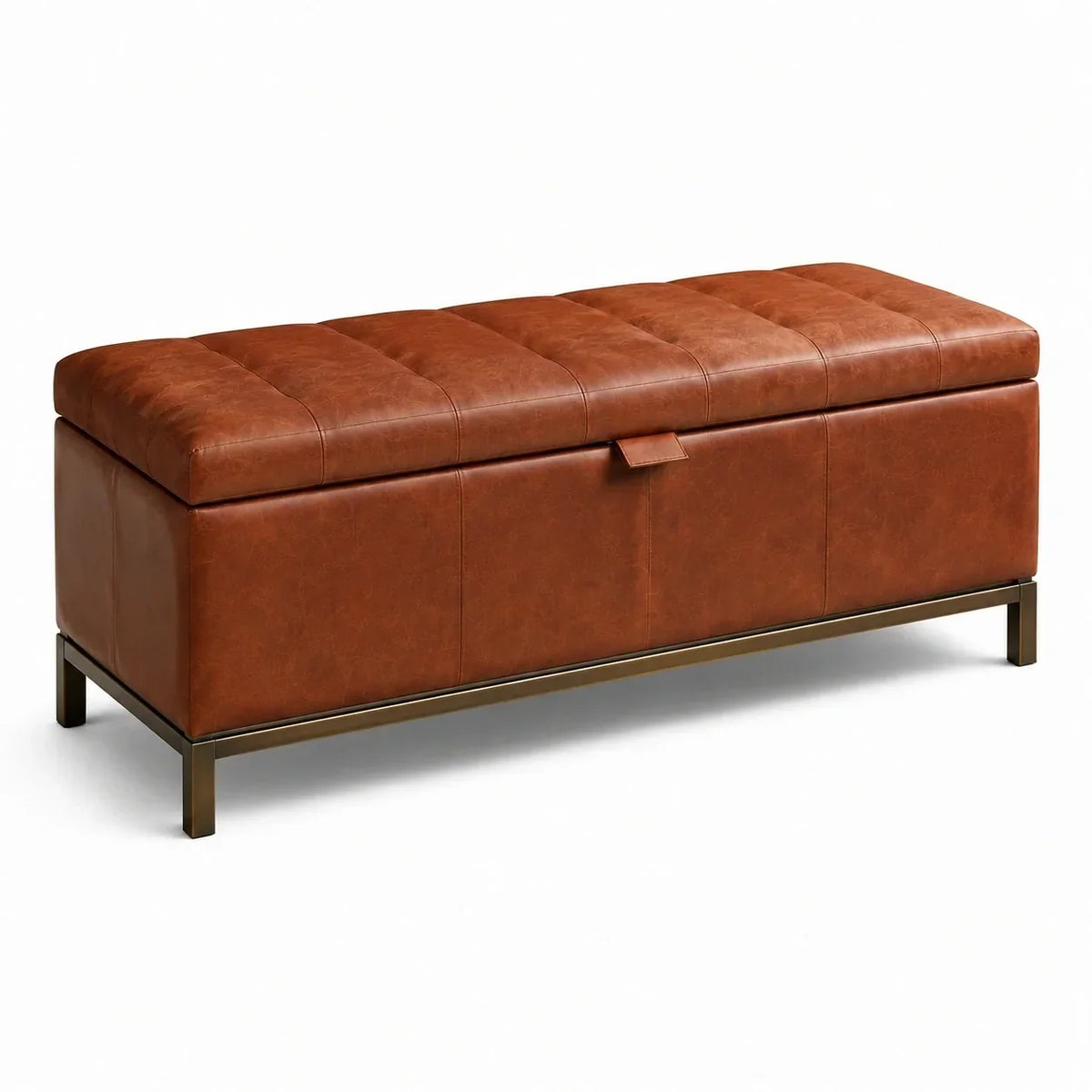 Banco de almacenamiento de cuero con estructura de acero 120x40x45 cm marrón