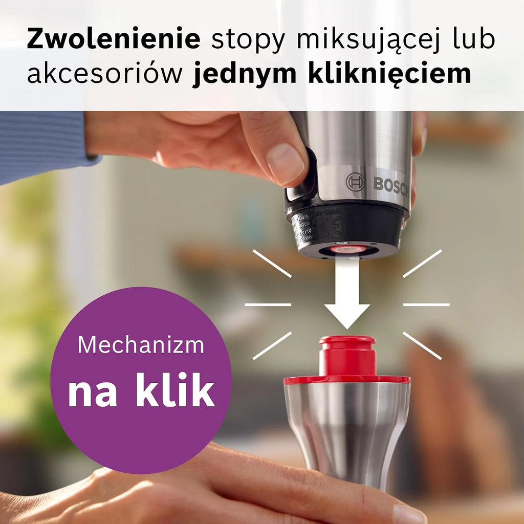 Bosch, blender ręczny, ErgoMaster Serie 8, silnik 1500 W, intuicyjna regulacja prędkości, 6-ramienne ostrze, akcesoria w zestawie, stal nierdzewna, MSM8M930