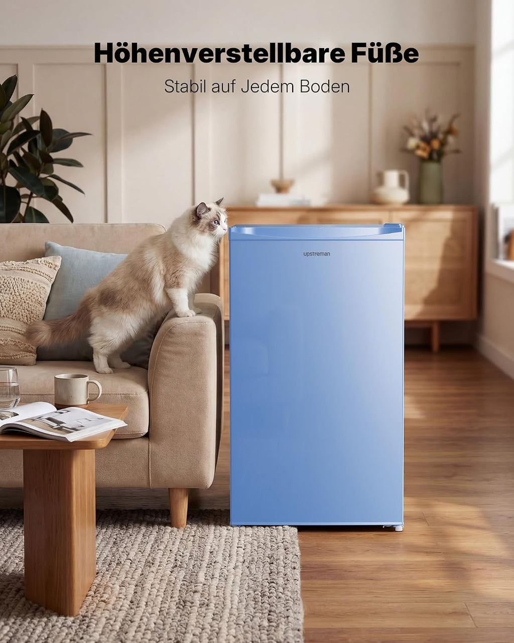 Upstreman 91L Mini-refrigerador con compartimento de enfriamiento rápido, 5 niveles de temperatura (0-10 ℃), eficiente energéticamente, funcionamiento silencioso de 41 dB, compacto y espacioso para dormitorio universitario/oficina, BR321-Azul
