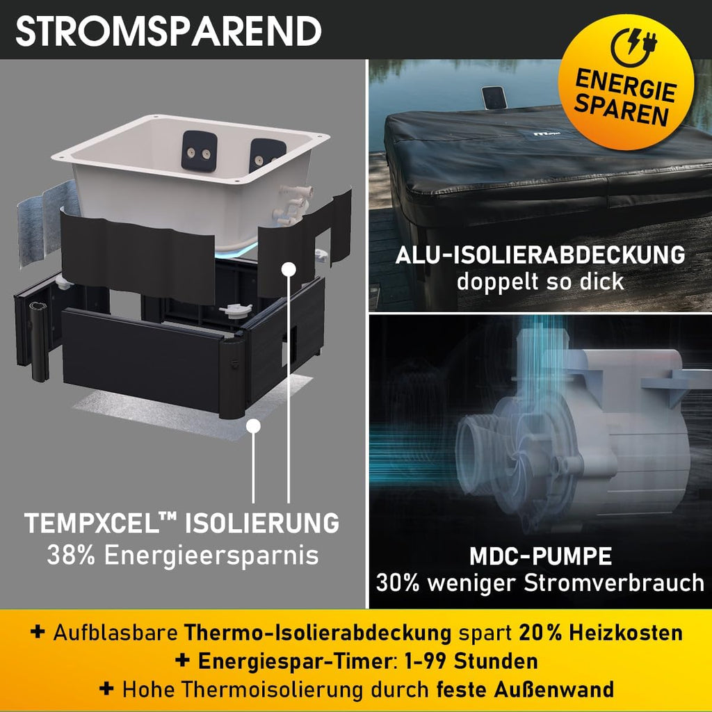 Jacuzzi MSpa Oslo de BRAST con pared exterior rígida | Iluminación LED con 20 colores ajustables para 6 personas | 160x160x65 cm | 120 chorros de masaje | Uso durante todo el año, resistente al invierno | Piscina para interiores y exteriores