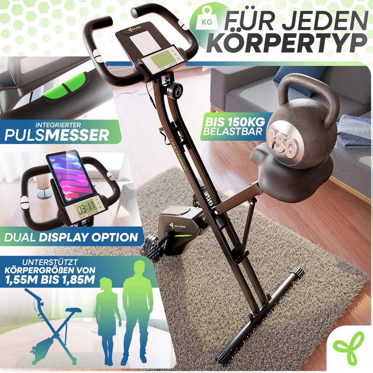 Bicicleta estática plegable Tretmann Home con resistencia magnética de 16 niveles, asiento acolchado y capacidad de carga de 150 kg