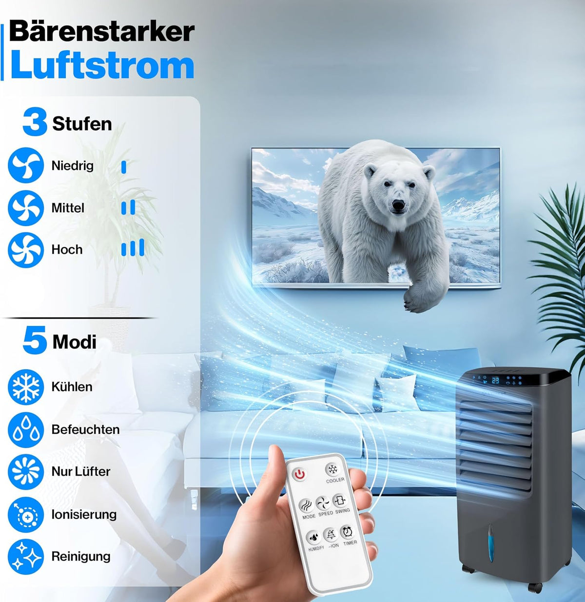 KESSER® Aire acondicionado móvil 4 en 1, enfriador de aire con mando a distancia y temporizador, depósito de agua de 10 L, ionizador y humidificador, ventilador, climatizador sin tubo de escape, 3 niveles, incluye acumuladores de frío