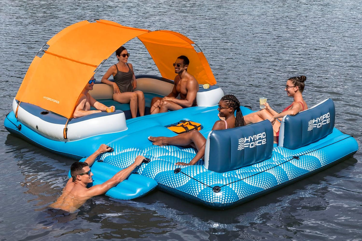 Isla flotante Tropical Breeze 43105 para 6 personas de 389 x 274 cm con toldo, bolsa térmica, 6 posavasos y parche de reparación
