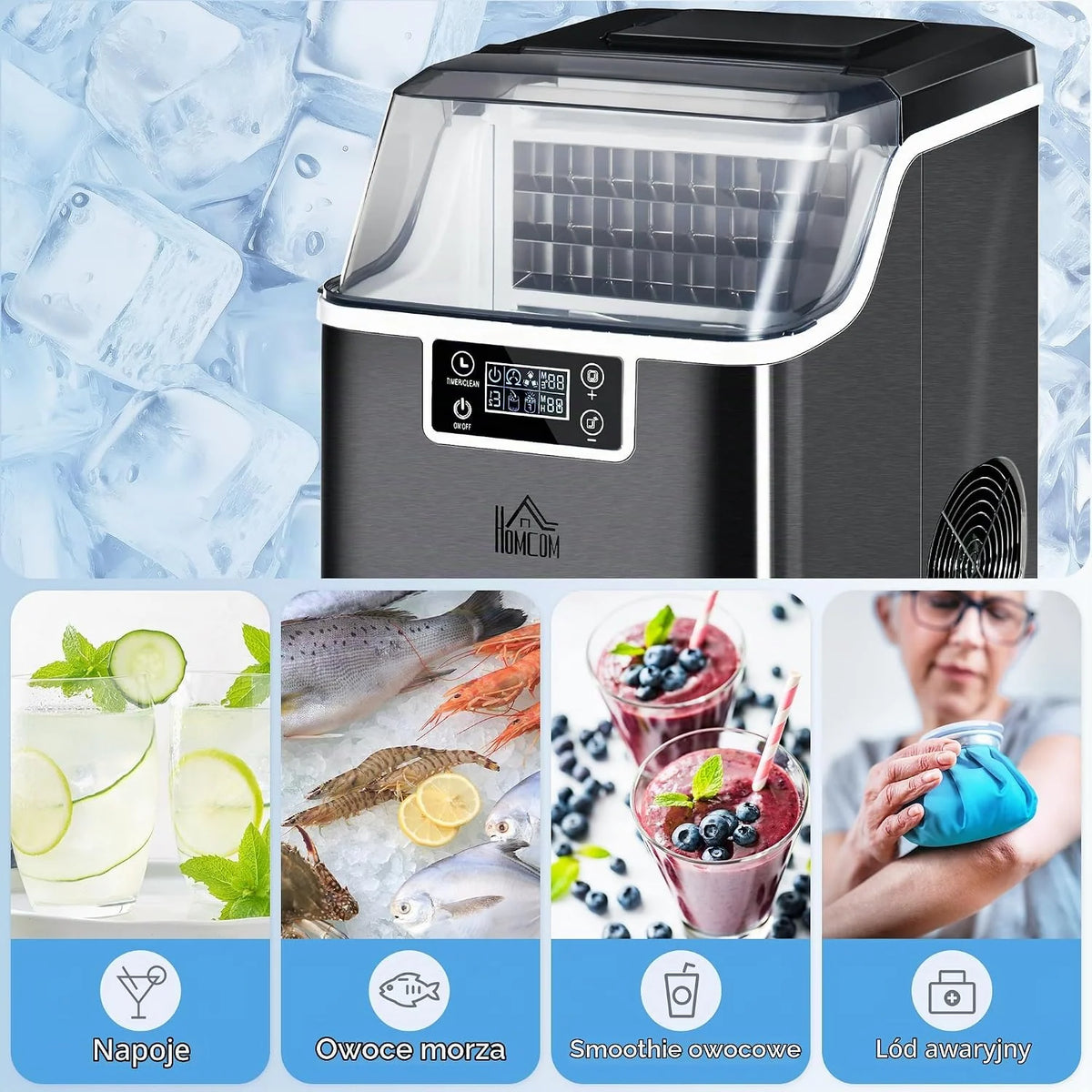 HOMCOM Kostkarka do lodu nierdzewna 24 kostki w 14-18 min Czarna
