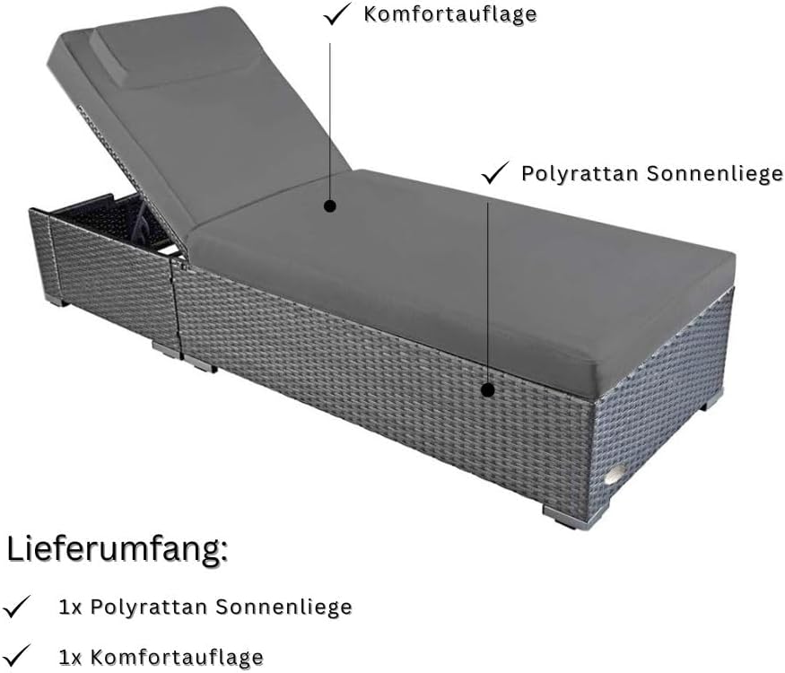 Tumbona de jardín RS Trade resistente a la intemperie de ratán sintético con ruedas – Tumbona de exterior de ratán con respaldo ajustable en varias posiciones para jardín, terraza, balcón y piscina, gris con cojín gris