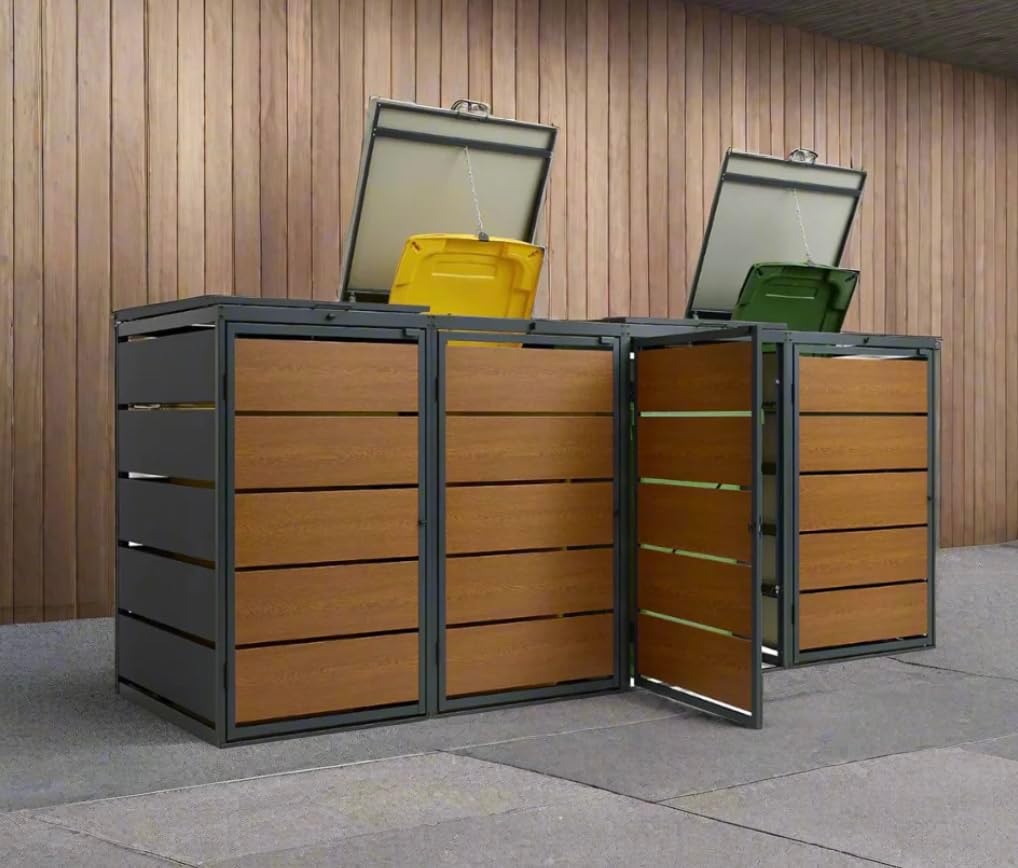 OBOX OAK - Cobertizo para 4 cubos de basura con tapa abatible de 240L