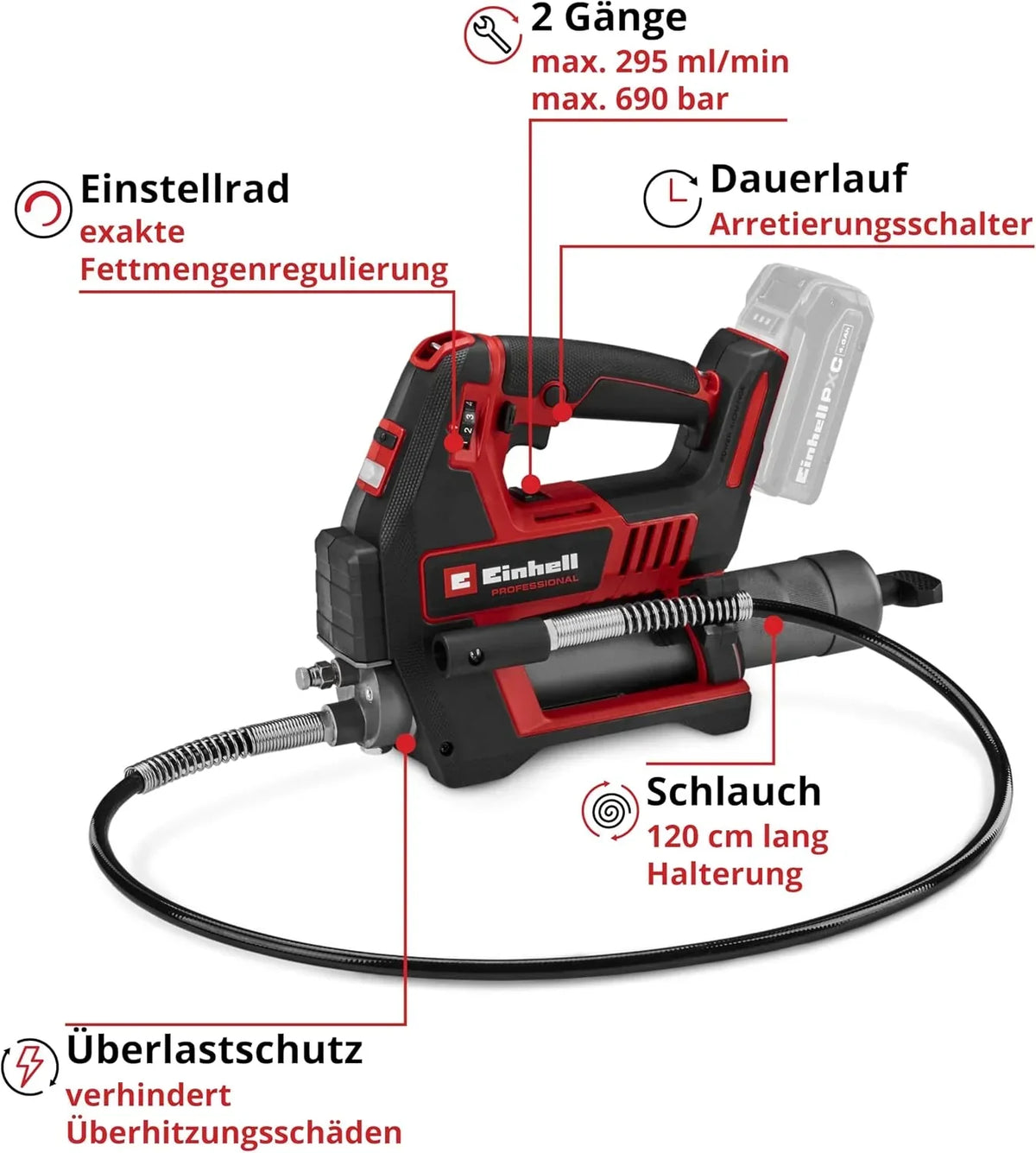 Engrasadora a batería TP-GR 18/690 Li 18V 690 bar 295 ml/min Regulación de cantidad de grasa en 2 velocidades Power X-Change sin batería