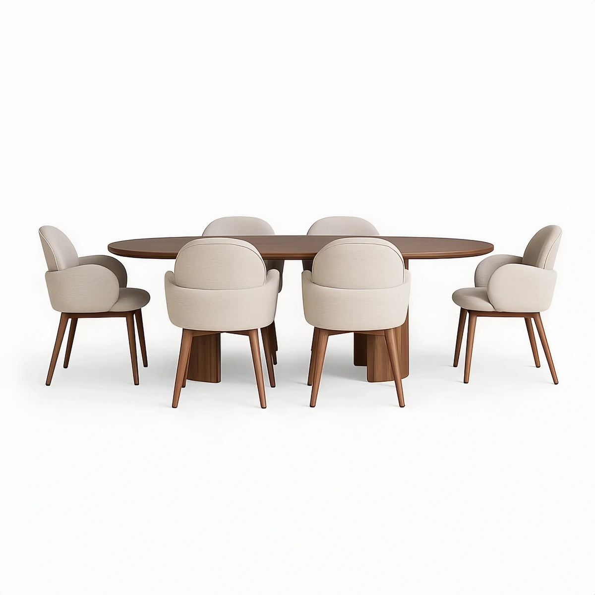 Juego de mesa y 6 sillas de interior ovaladas de madera con tapicería de tela