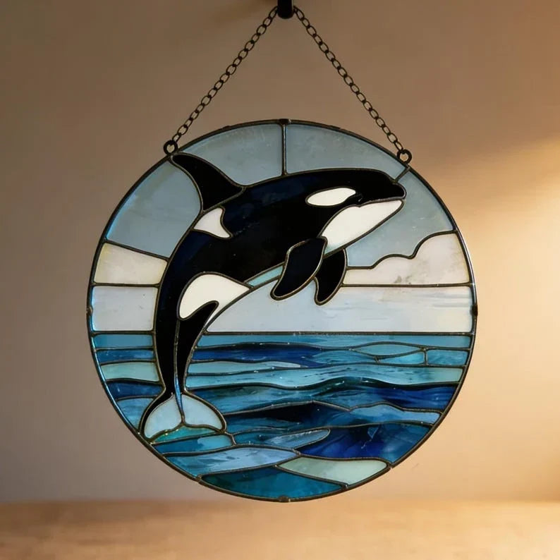 Atrapasol de cristal redondo con orca – Adorno para ventana, decoración oceánica, decoración costera y náutica
