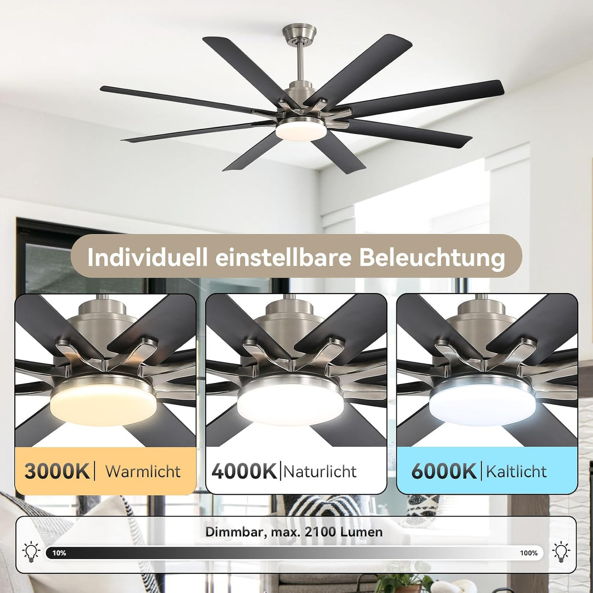 Ventilador de techo Sofucor de 132 cm con luz, ventilador de techo silencioso con luz y mando a distancia, motor CC, 8 aspas, 3 temperaturas de color, temporizador, 6 velocidades, modo verano e invierno para salón