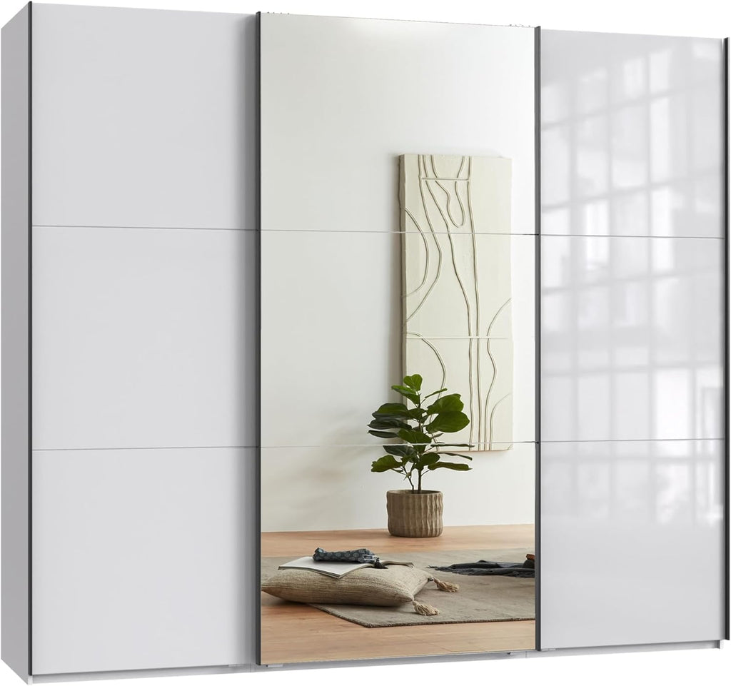 Armario de puertas correderas de 3 puertas, 250 cm ancho/216 cm alto/65 cm fondo, blanco con frente de cristal, espejo y perfiles de agarre negros, incl. cierre suave, armario con estantes, barras para ropa, cajones y compartimentos / 22033